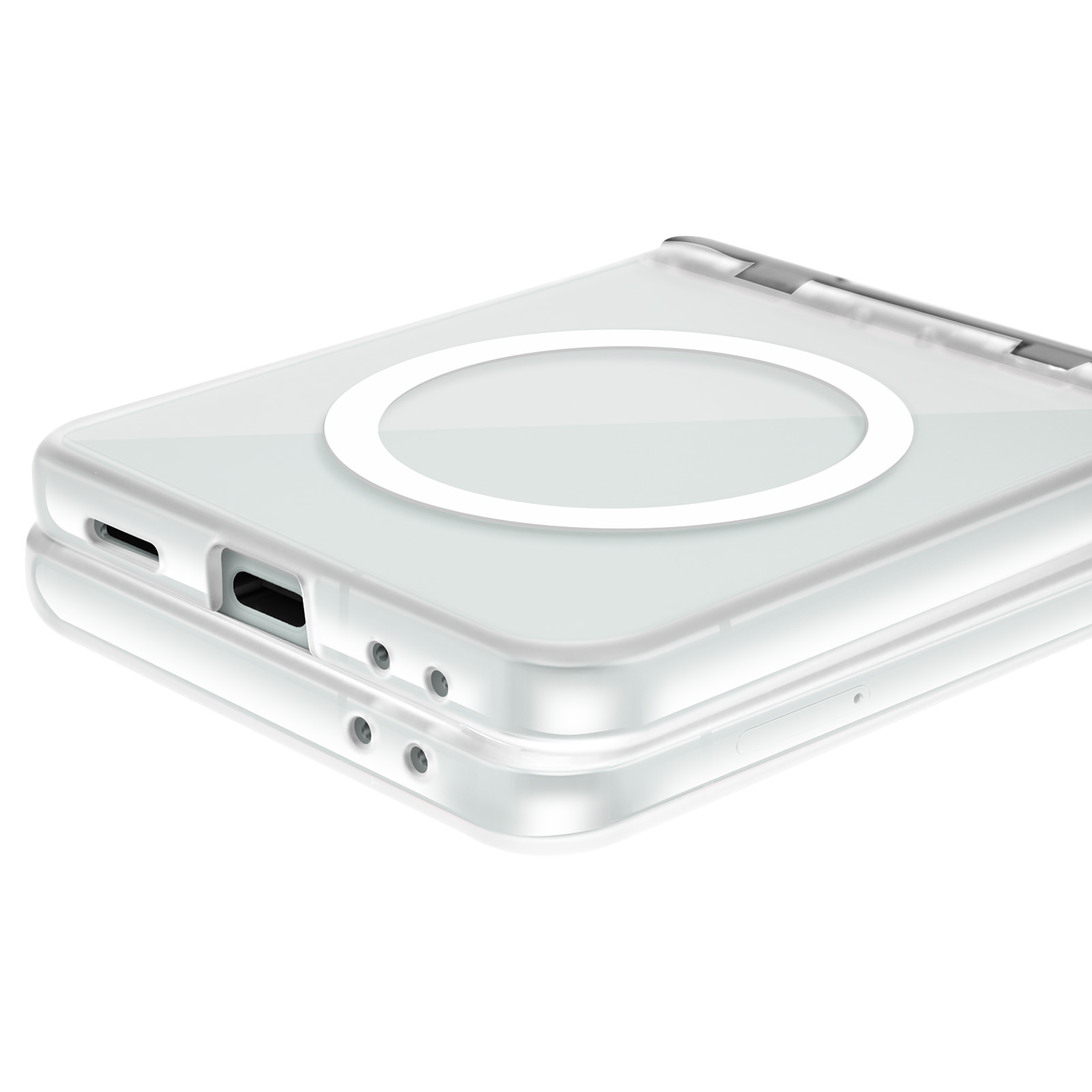 Una custodia bianca per telefono con design circolare bianco, con porte e design trasparente.
