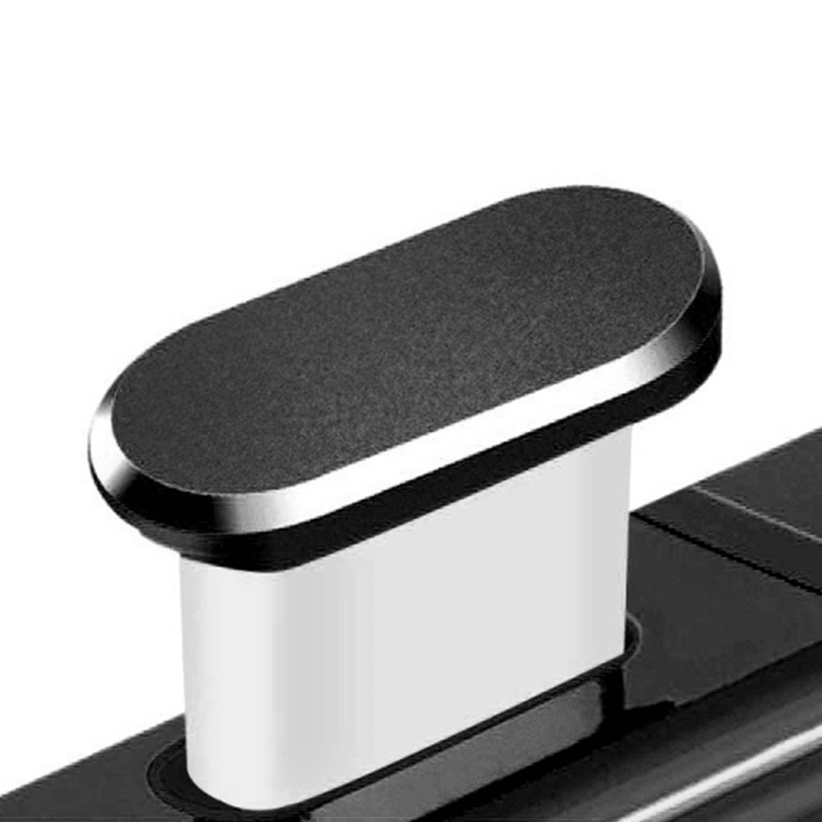 Un primo piano di un supporto magnetico per telefono nero e argento. Ha una parte superiore rettangolare e una porta di ricarica bianca.