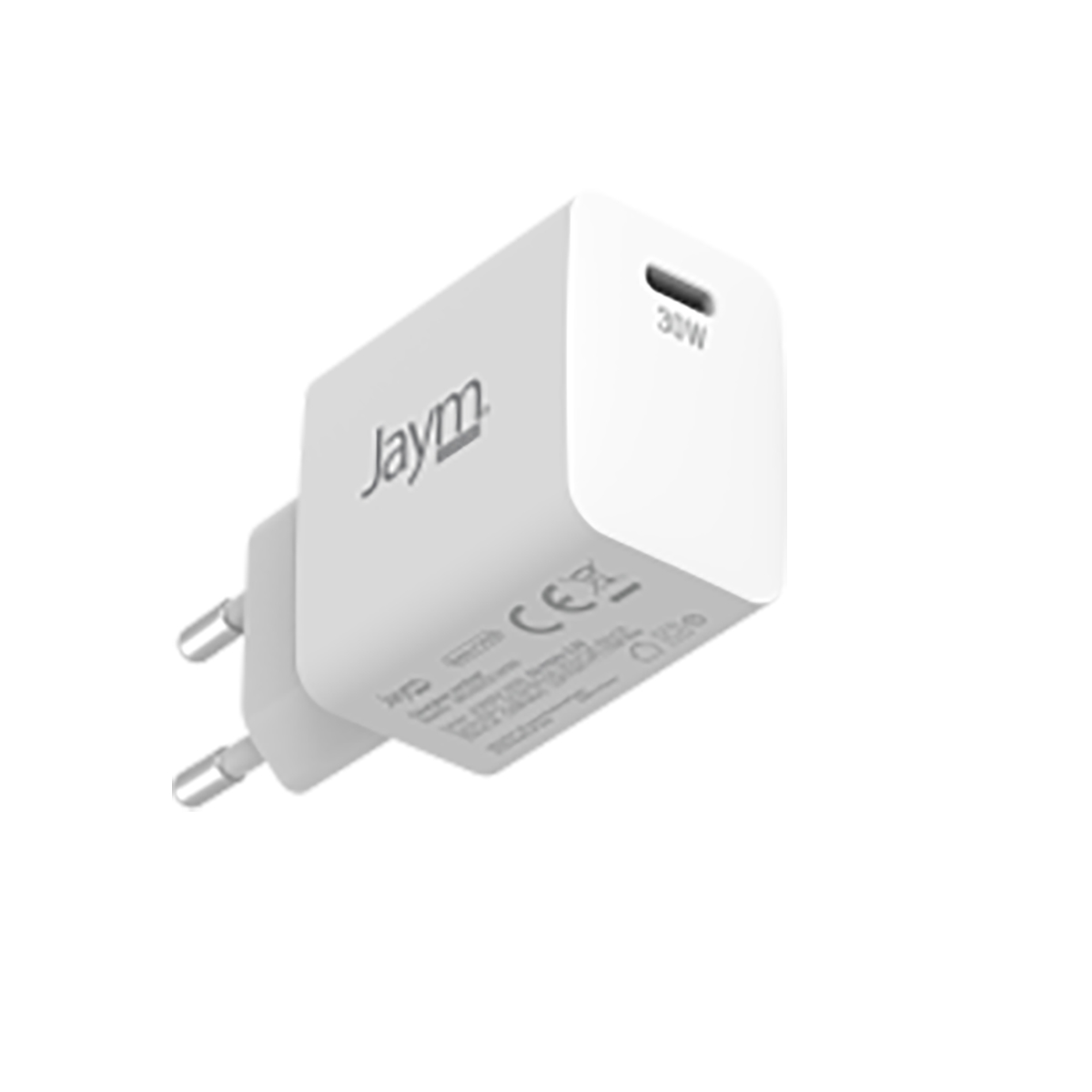Un caricabatterie bianco Jaym 30W con spina europea. Il caricabatterie è su sfondo bianco.