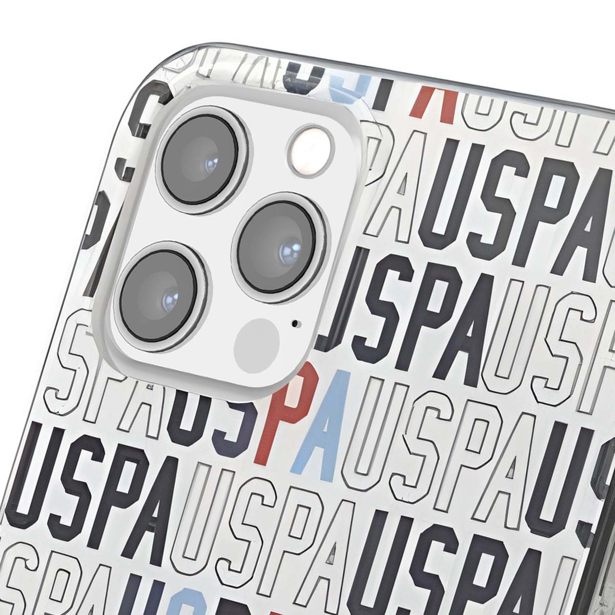 Vista ravvicinata di una custodia per telefono. Presenta più lenti e la parola "USPAUS" ripetuta. I colori sono bianco, nero, rosso e blu.