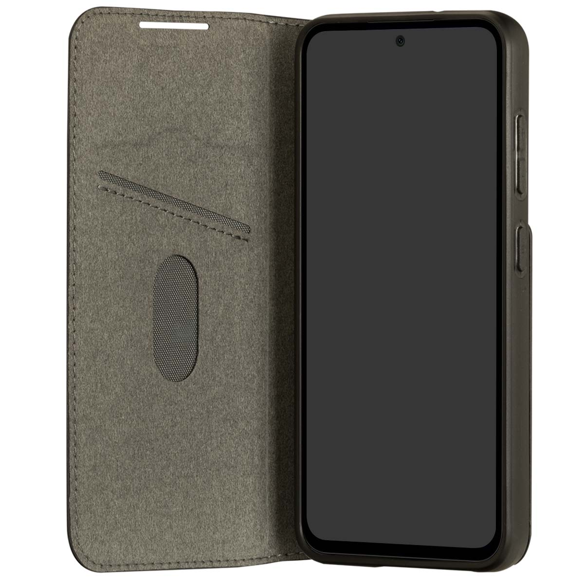 Uno smartphone in una custodia, aperto per mostrare lo schermo. La custodia è grigia e lo schermo del telefono è nero.