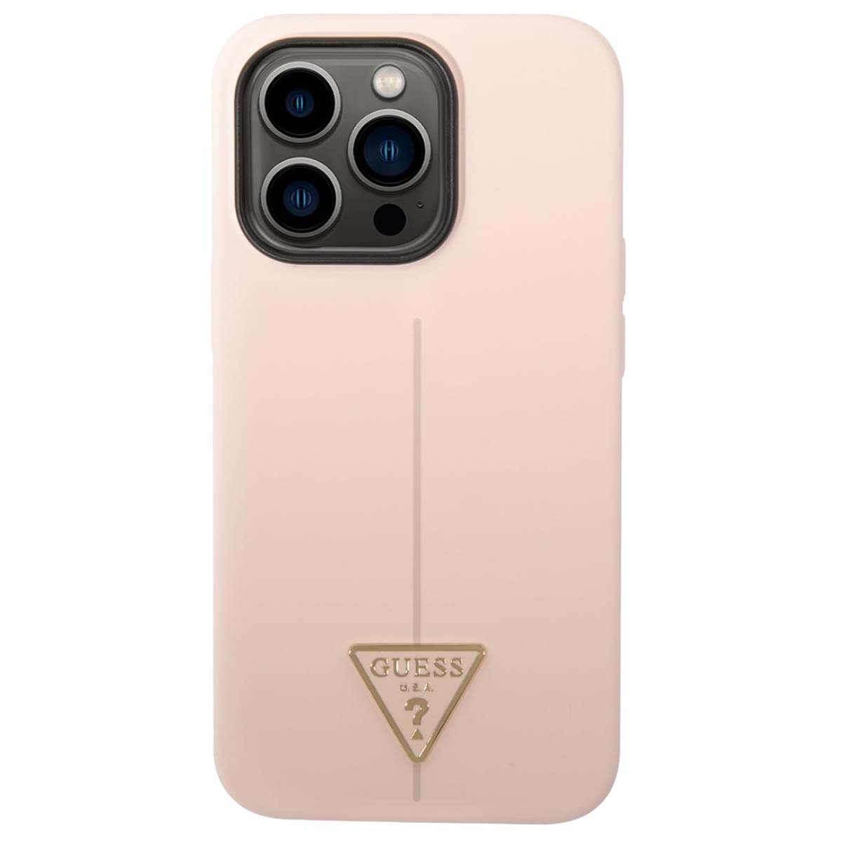 Eine rosa Handyhülle mit Guess-Logo. Die Hülle hat einen Kameraausschnitt und eine vertikale Linie. Das Guess-Logo ist golden.