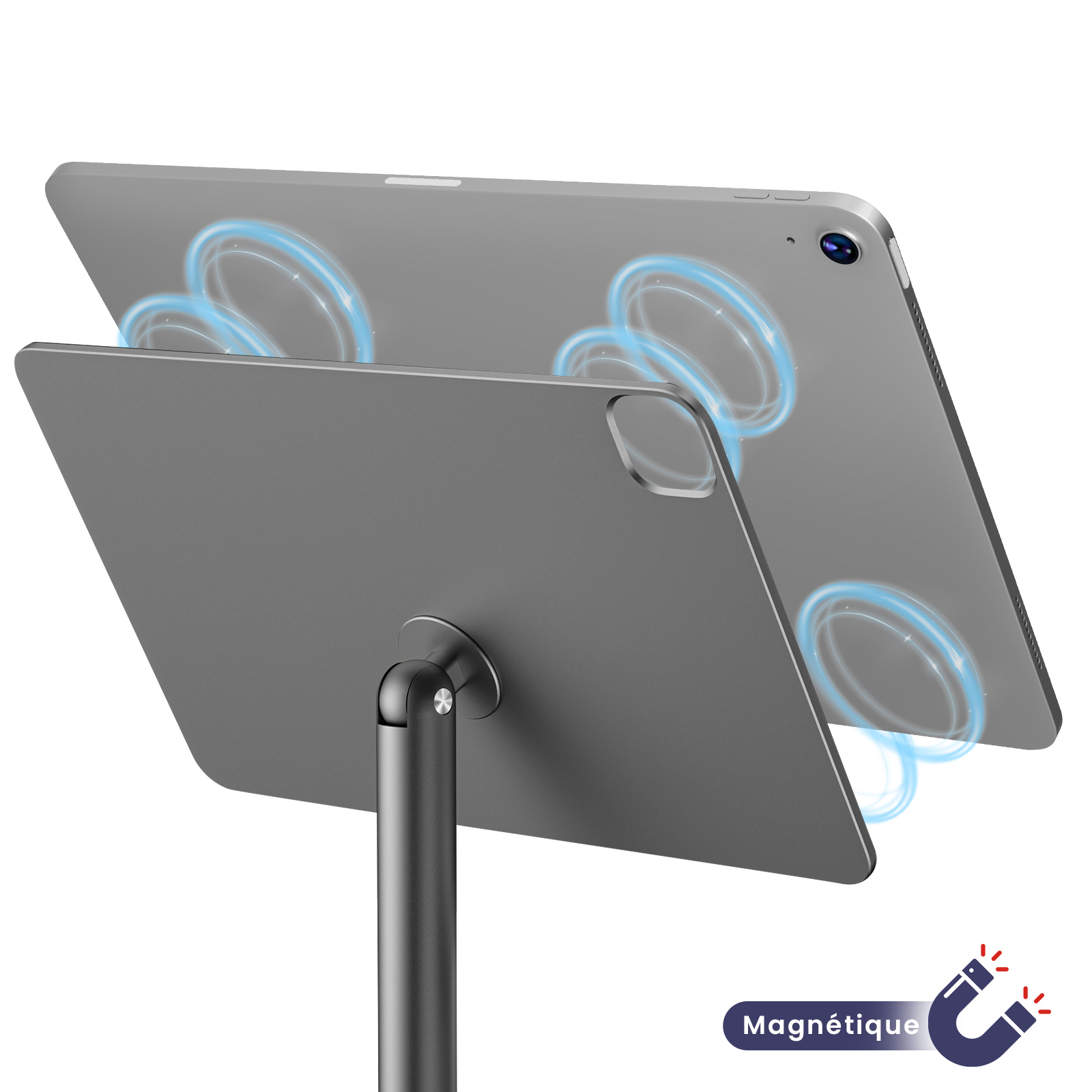 Zwei graue Tablets werden von einem magnetischen Ständer gehalten. Blaue Magnetwellen gehen aus. Das Wort 'Magnétique' ist sichtbar.