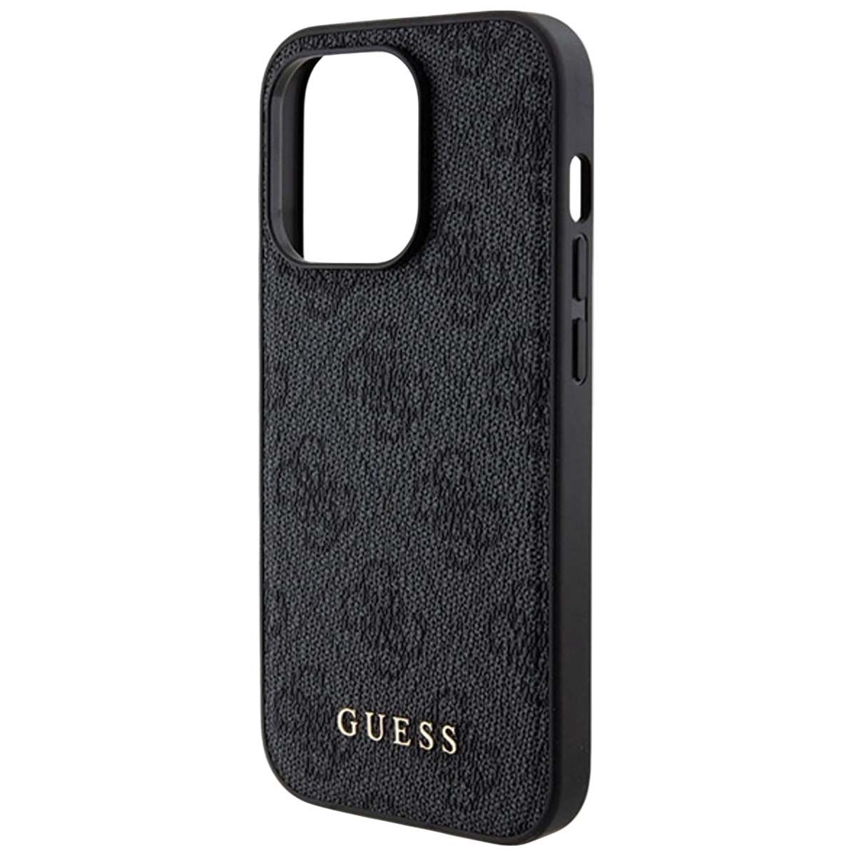 Custodia per telefono Guess nera con superficie strutturata, fori per fotocamera e pulsanti e logo Guess in basso.