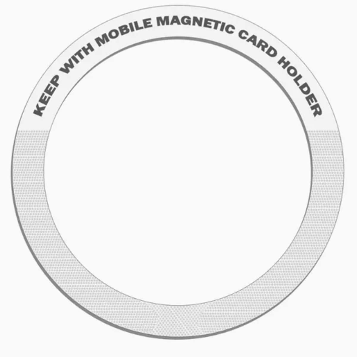 Un grafico circolare con il testo 'KEEP WITH MOBILE MAGNETIC CARD HOLDER' sul bordo. Il cerchio interno è bianco.