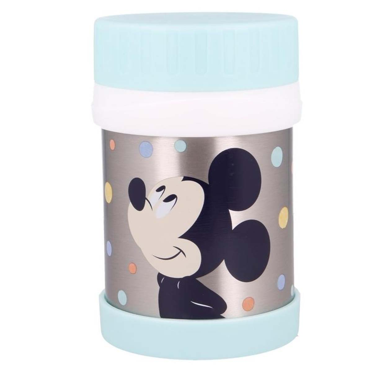 Un termo de Mickey Mouse. Tiene tapa y base azul claro, una banda blanca y un cuerpo de acero inoxidable con la cara de Mickey.