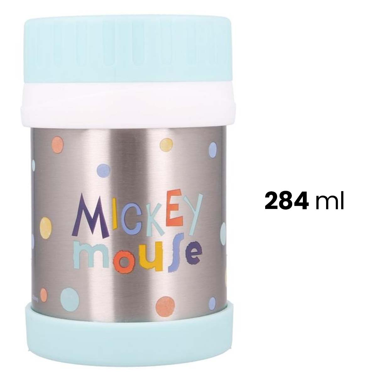 Un termo con el tema de Mickey Mouse. Tiene una tapa y fondo azul claro, con el texto 'Mickey Mouse' en el cuerpo metálico.