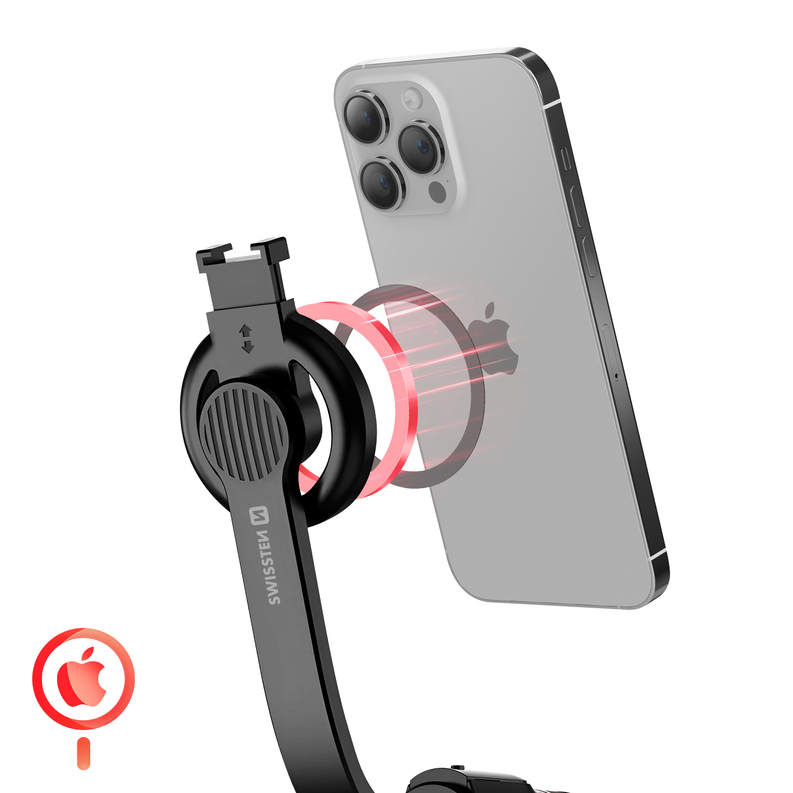 Ein Telefon, das an einem schwarzen Halter befestigt ist. Das Telefon ist silber. Das Apple-Logo ist sichtbar. Der Halter hat ein Swisssten-Logo.