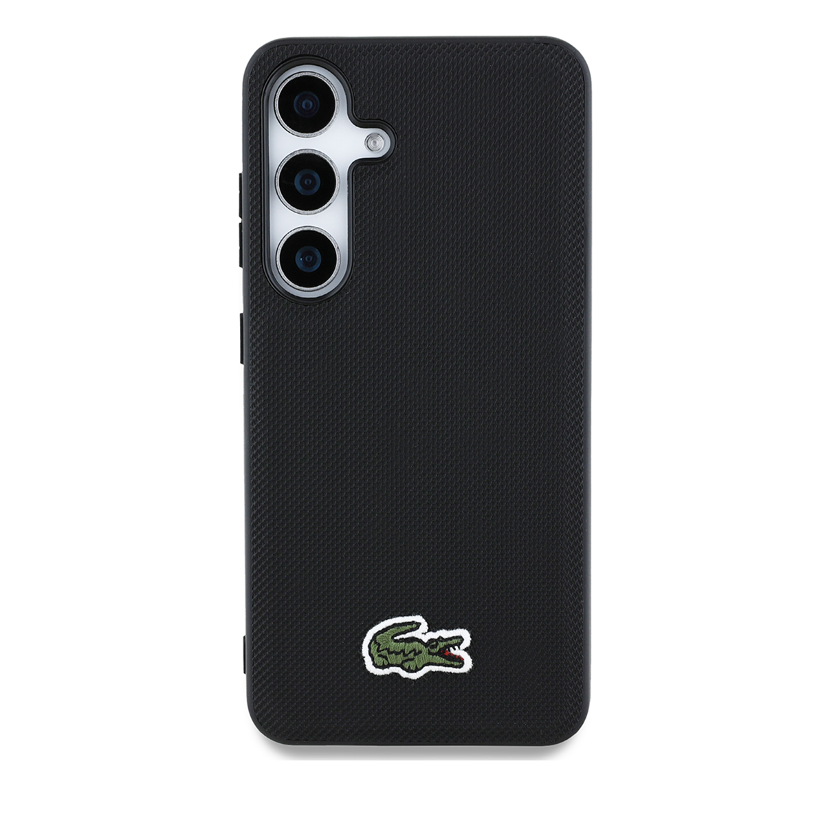 Schwarze Handyhülle mit Lacoste-Logo. Sie hat eine strukturierte Oberfläche und mehrere Kameralinsen.