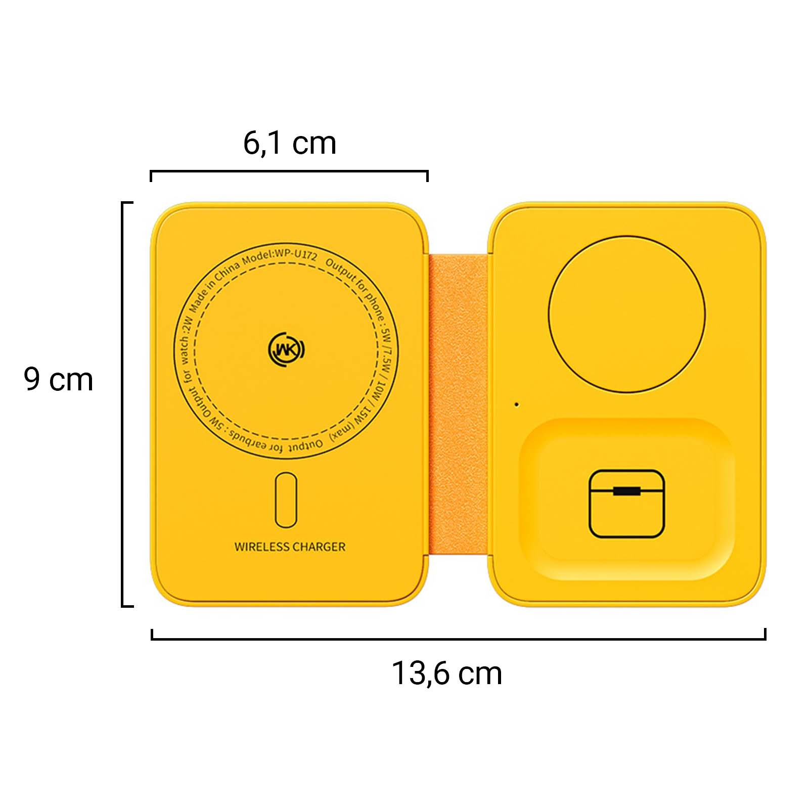 Caricabatterie wireless giallo con due sezioni. Uno ha un cerchio di ricarica, l'altro testo e un simbolo di piattaforma di ricarica.