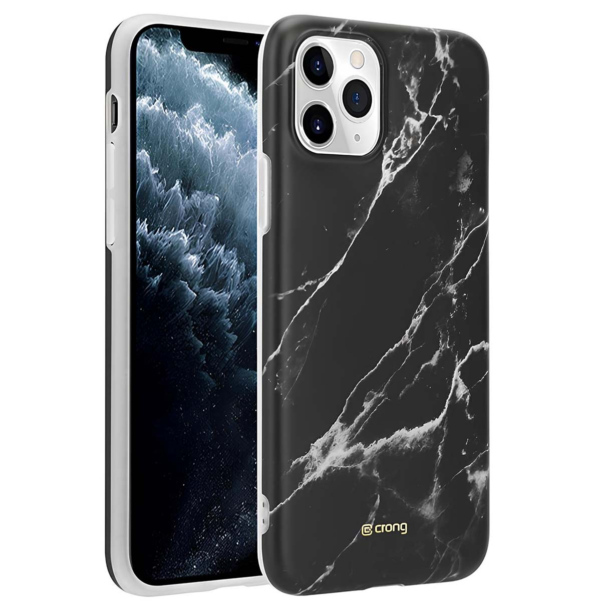Uno smartphone in una custodia nera con motivo marmorizzato è in mostra. Lo schermo mostra un'immagine astratta blu e bianca.
