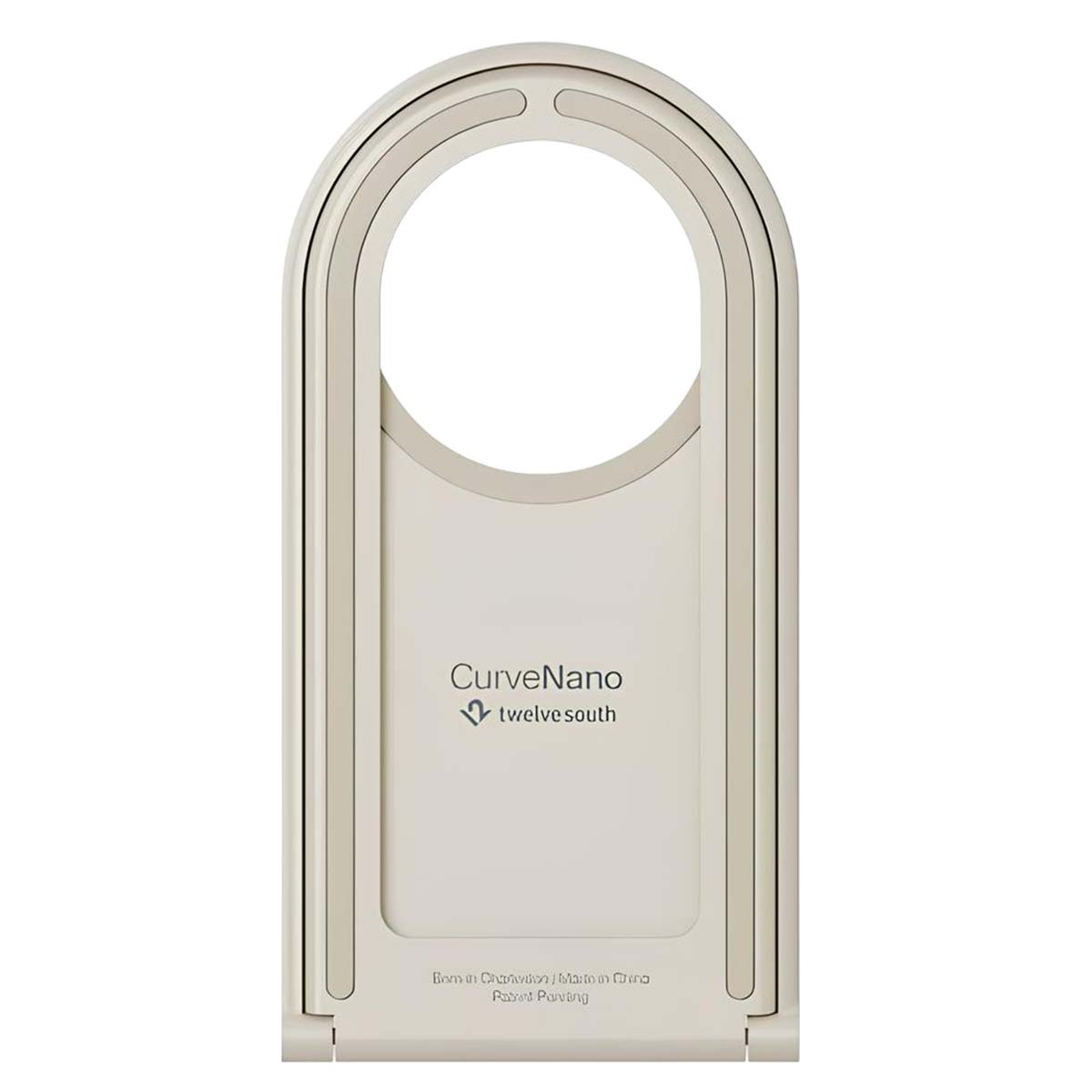 Un supporto per telefono CurveNano beige. Ha un'apertura circolare in alto e il marchio 'CurveNano twelve south'.