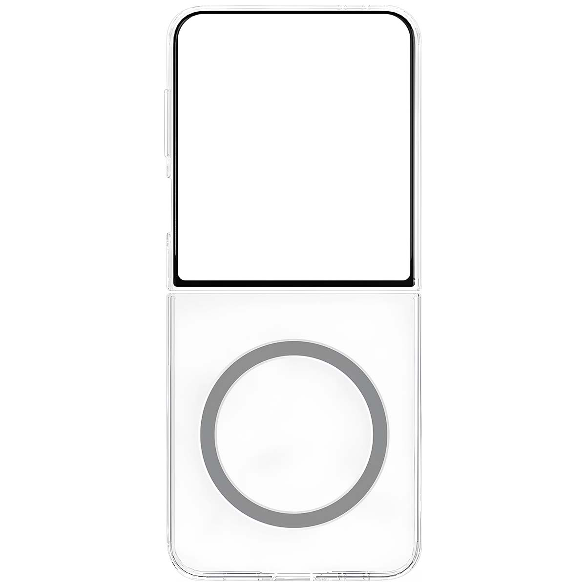 Funda transparente para teléfono con protector de pantalla en la parte superior y un círculo gris en la mitad inferior.