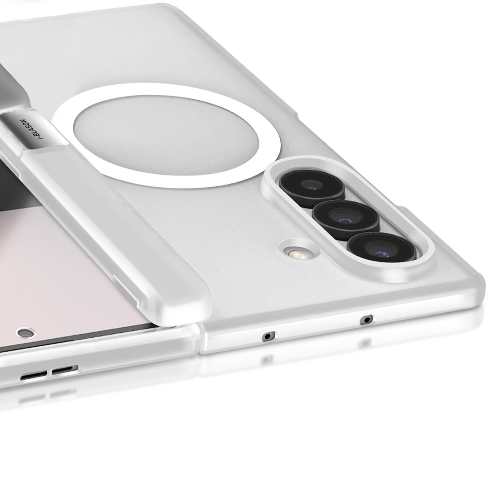 Una custodia bianca per telefono con un ritaglio per la fotocamera e un anello ovale. Parte del telefono è visibile.