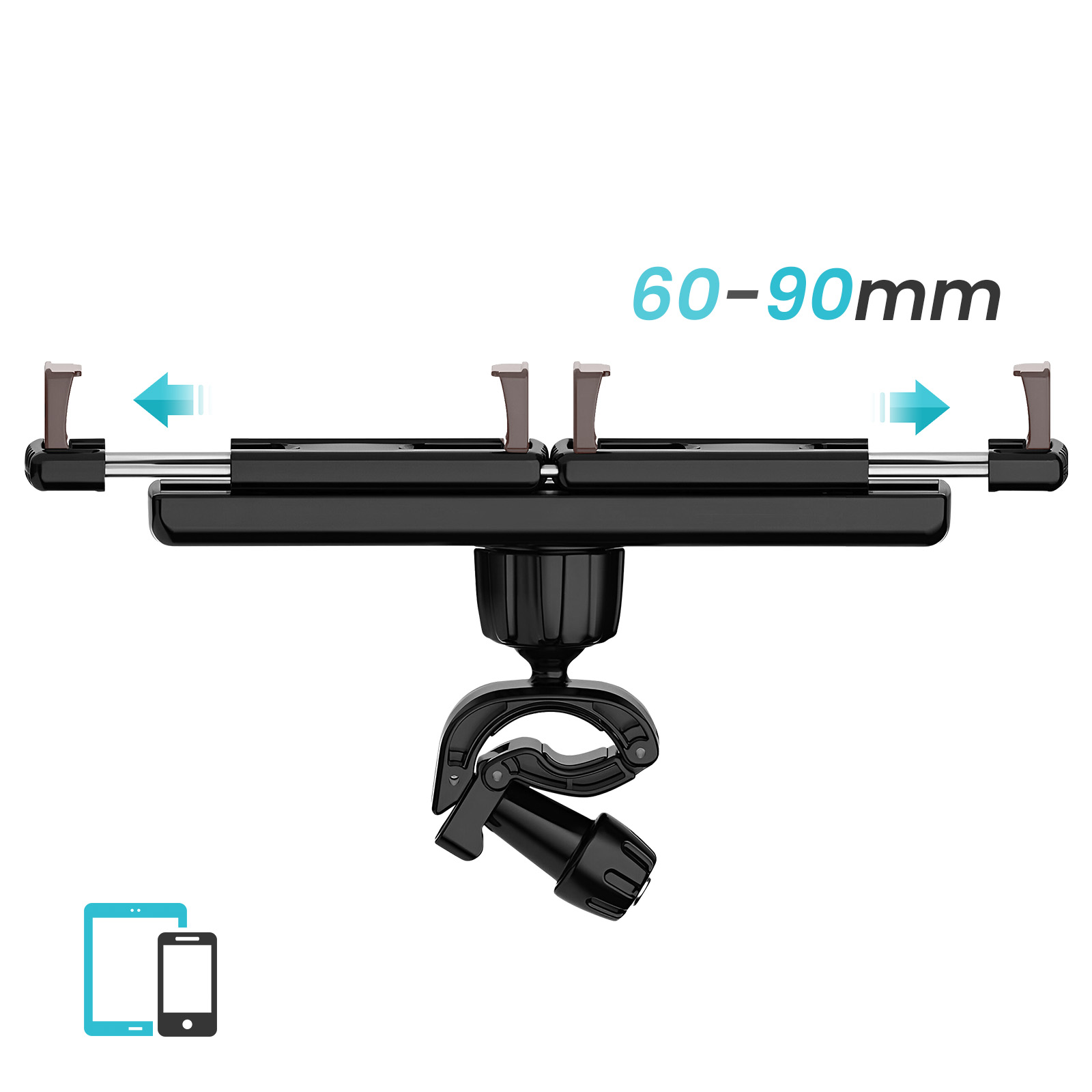Supporto per telefono nero con bracci regolabili e morsetto. Testo: 60-90 mm. Frecce indicano la regolazione. Icone di telefono e tablet.