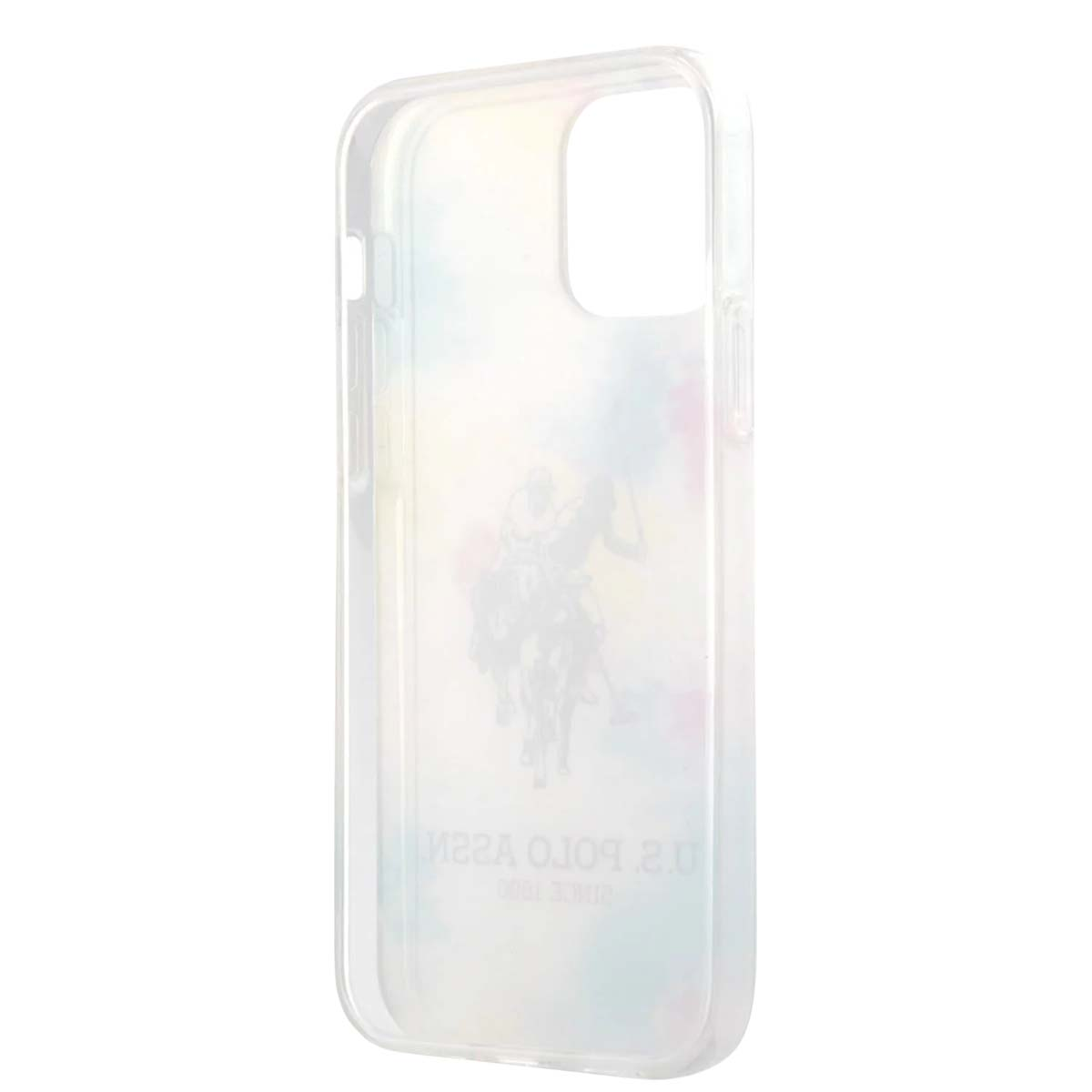 Una custodia trasparente per telefono con un motivo tie-dye colorato. Presenta il logo U.S. Polo Assn. e un'immagine di cavallo e cavaliere.