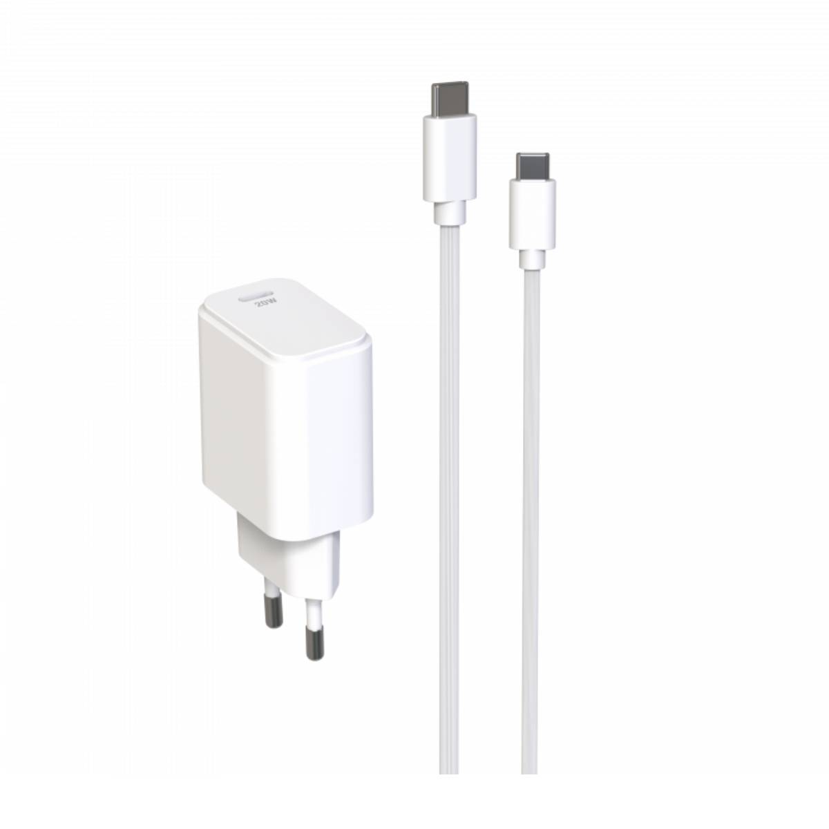 Ein weißes Ladegerät mit zwei USB-C-Kabeln auf weißem Hintergrund. Das Ladegerät hat eine 20W-Markierung.