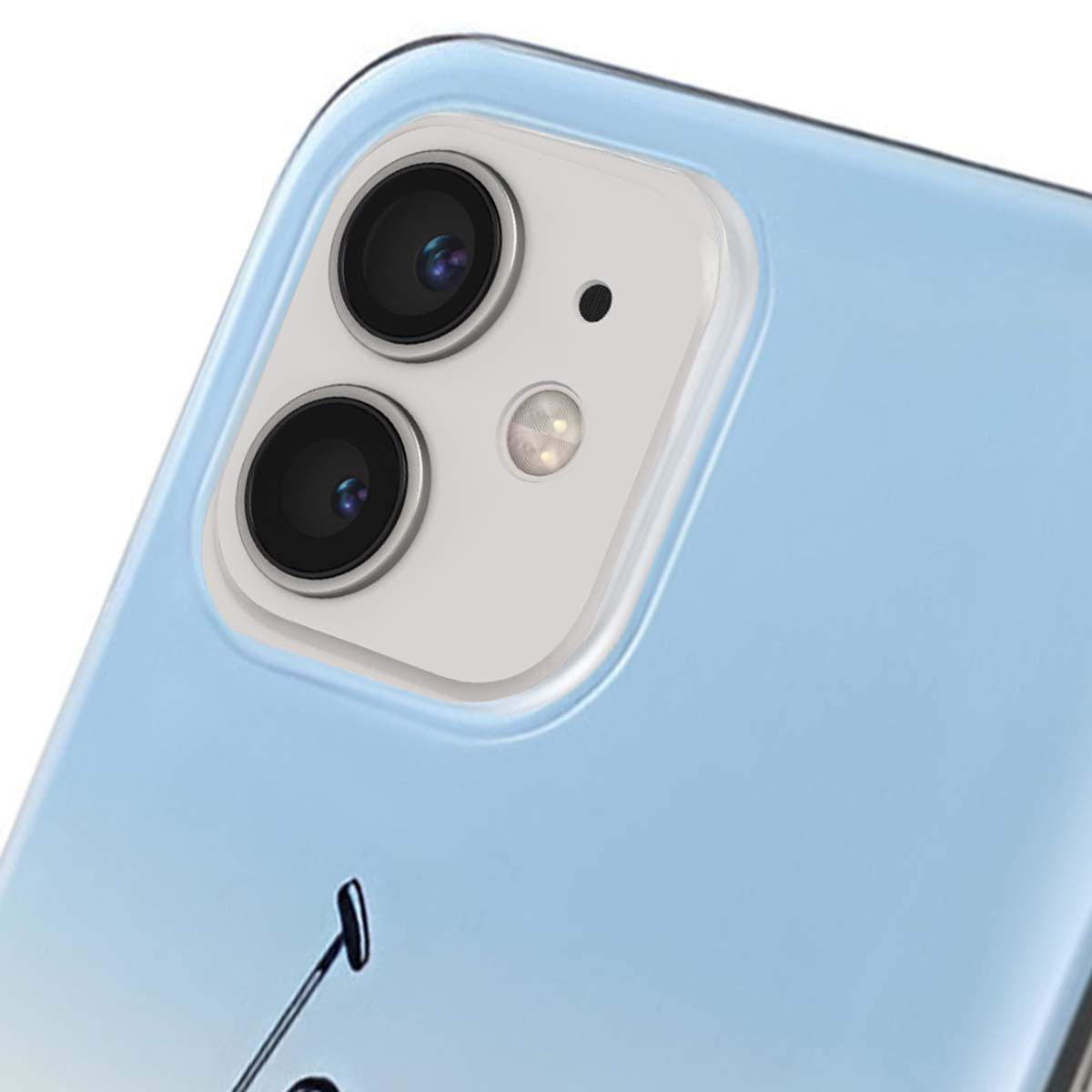 Primo piano del modulo fotocamera di uno smartphone. Due lenti e un flash sono visibili contro una cover blu chiaro.
