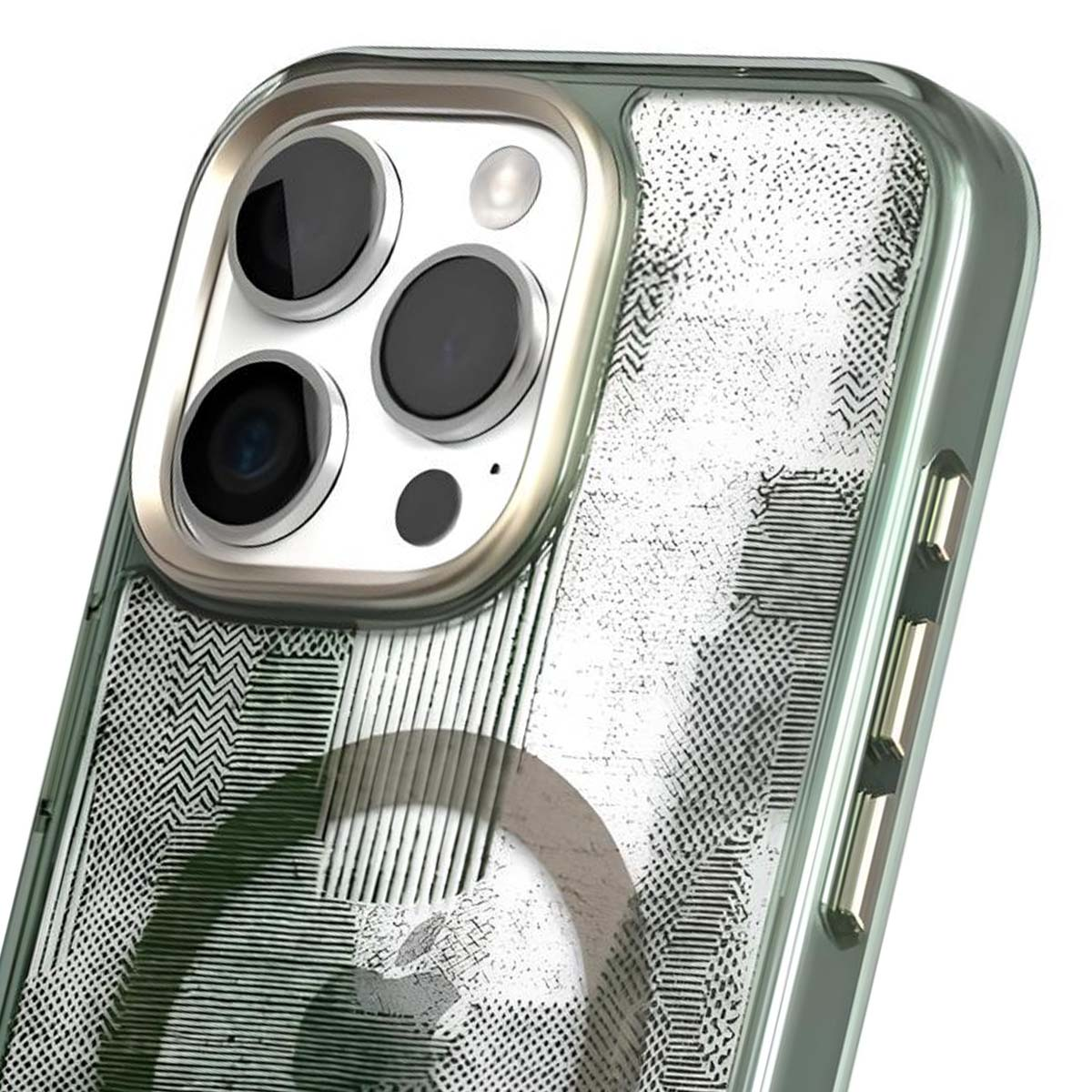 Primer plano de un teléfono. Se muestra una funda con un módulo de cámara, con múltiples lentes. La funda tiene un diseño y botones.