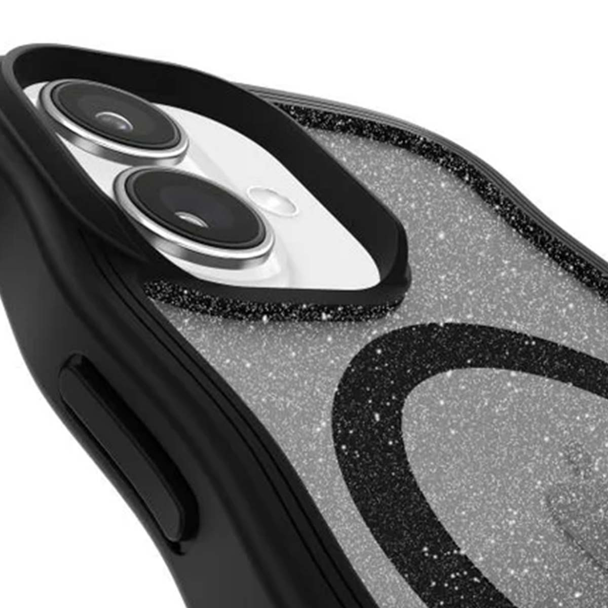 Primo piano di una custodia per telefono con due lenti della fotocamera. La custodia è nera con un design glitterato argento e nero.
