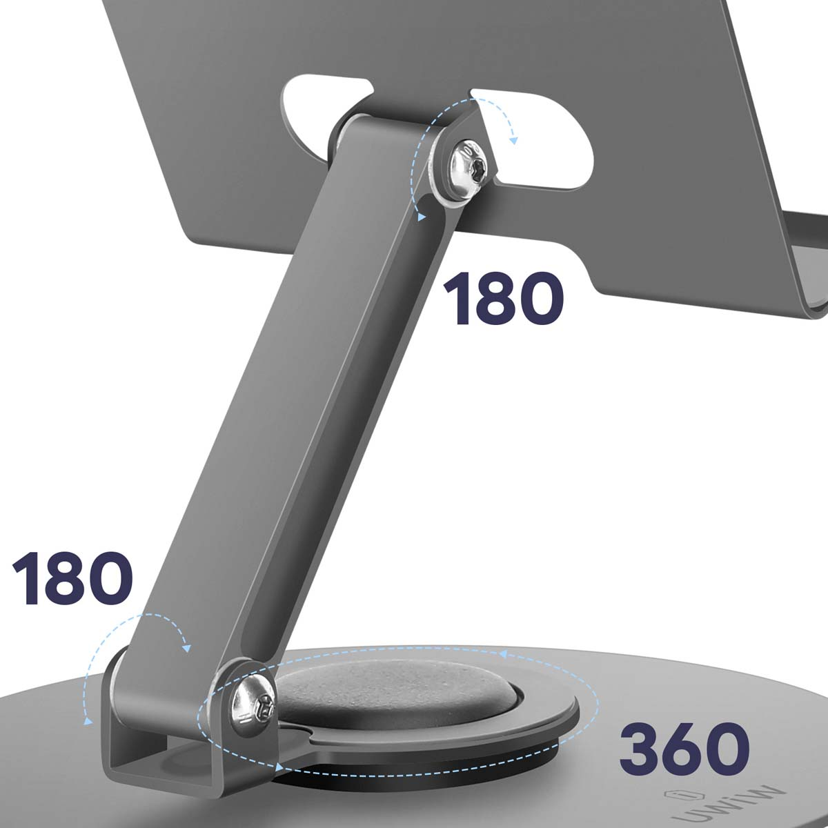 Ein grauer Tablet-Ständer, der eine Drehung von 180 und 360 Grad zeigt. Der Ständer hat eine Basis, einen Verbindungsarm und eine Tablethalterung.