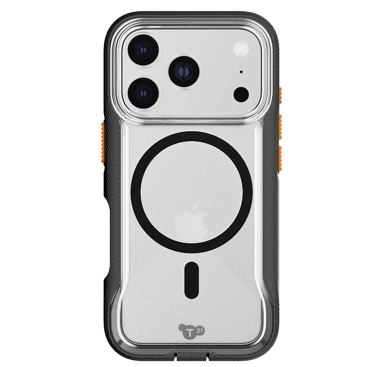 Una custodia trasparente per iPhone con dettagli neri e arancioni. Ha un design MagSafe circolare, un ritaglio per la fotocamera e un logo.