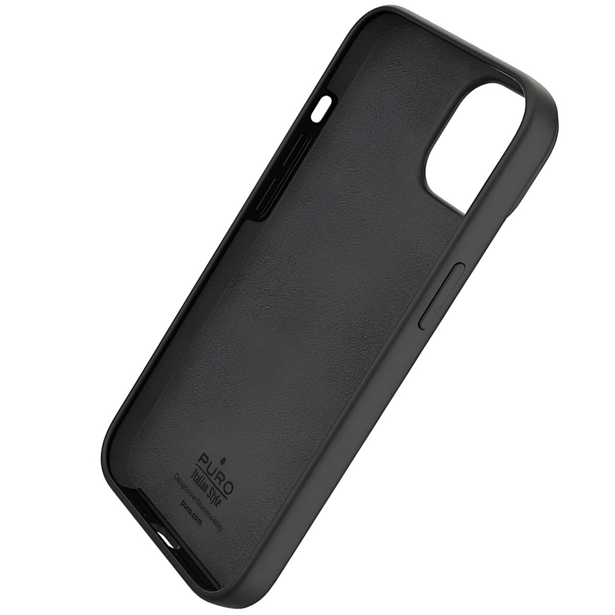 Primo piano di una custodia per telefono nera. La custodia ha un interno strutturato e il marchio 'PURO' è visibile.