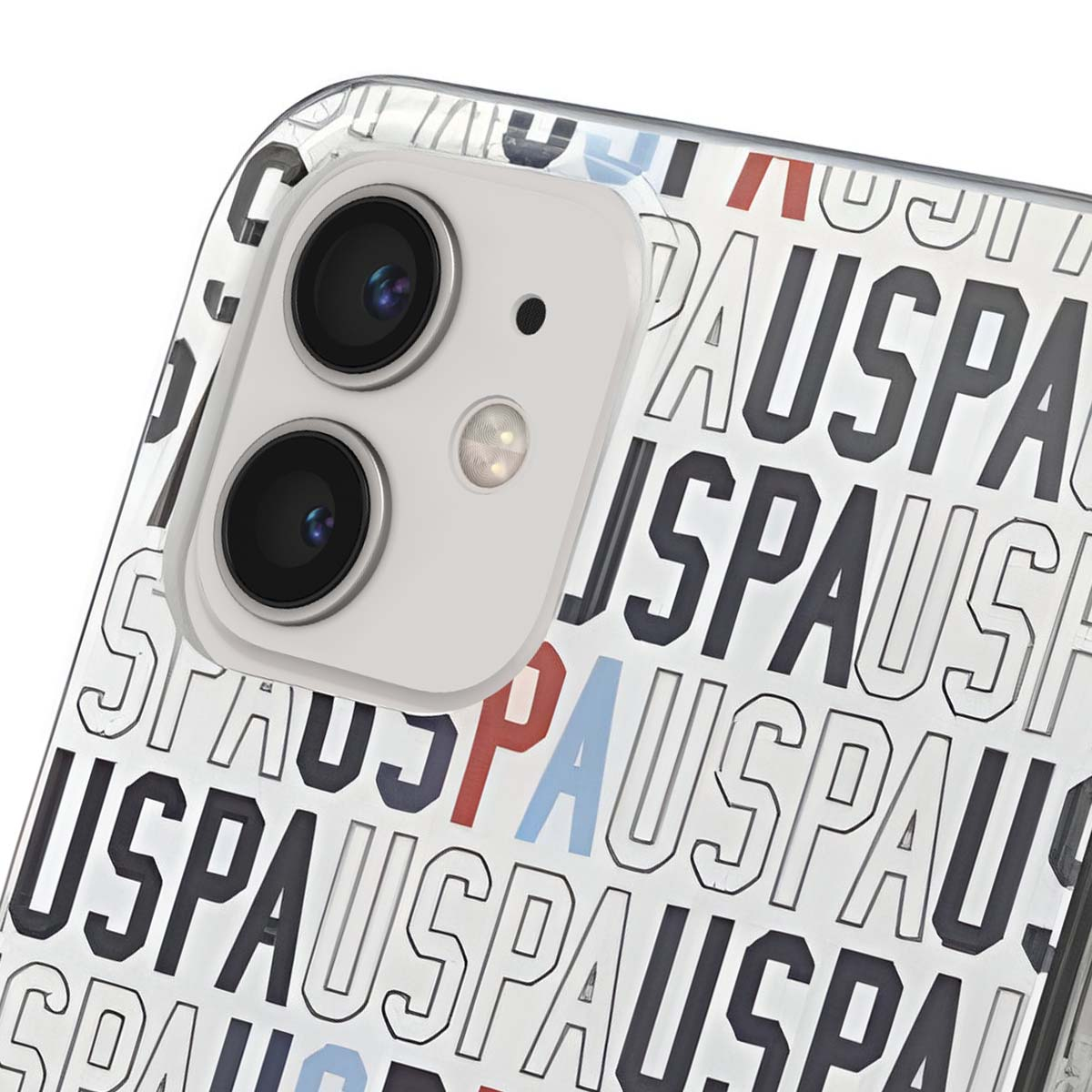 Primo piano di una custodia per telefono con modulo fotocamera. La custodia ha un motivo della parola 'PAUSPA' in vari colori, nero, rosso e blu.