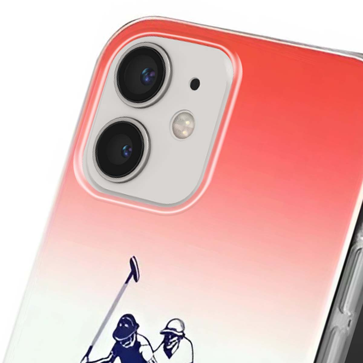 Primo piano di una custodia per telefono. La custodia ha una sfumatura rossa e bianca. Presenta due obiettivi della fotocamera e un disegno di giocatori di polo.