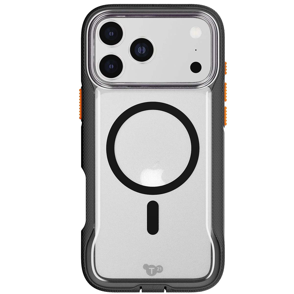 Custodia trasparente per iPhone con dettagli neri e arancioni. Presenta ritagli per la fotocamera, design a cerchio e linea neri e logo Apple.