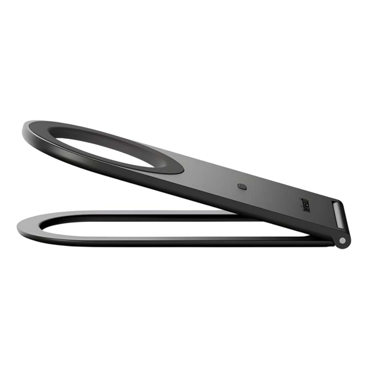 Una lampada da scrivania nera dall'aspetto moderno, con un design aperto e curvo. Ha una base piatta con un anello superiore arrotondato. La lampada è angolata.