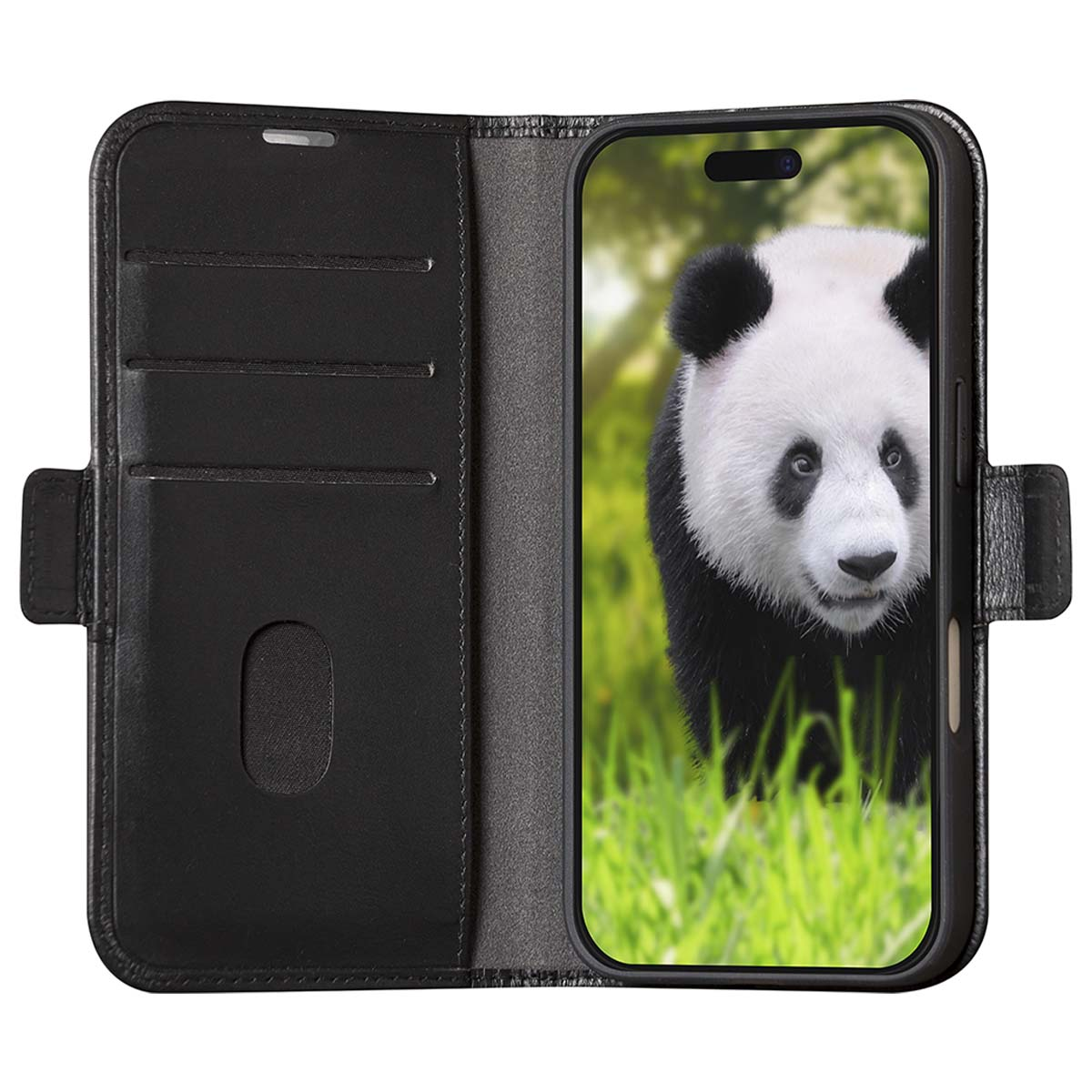 Étui de téléphone noir ouvert, montrant un panda sur l'écran. Le panda est dans une zone herbeuse.