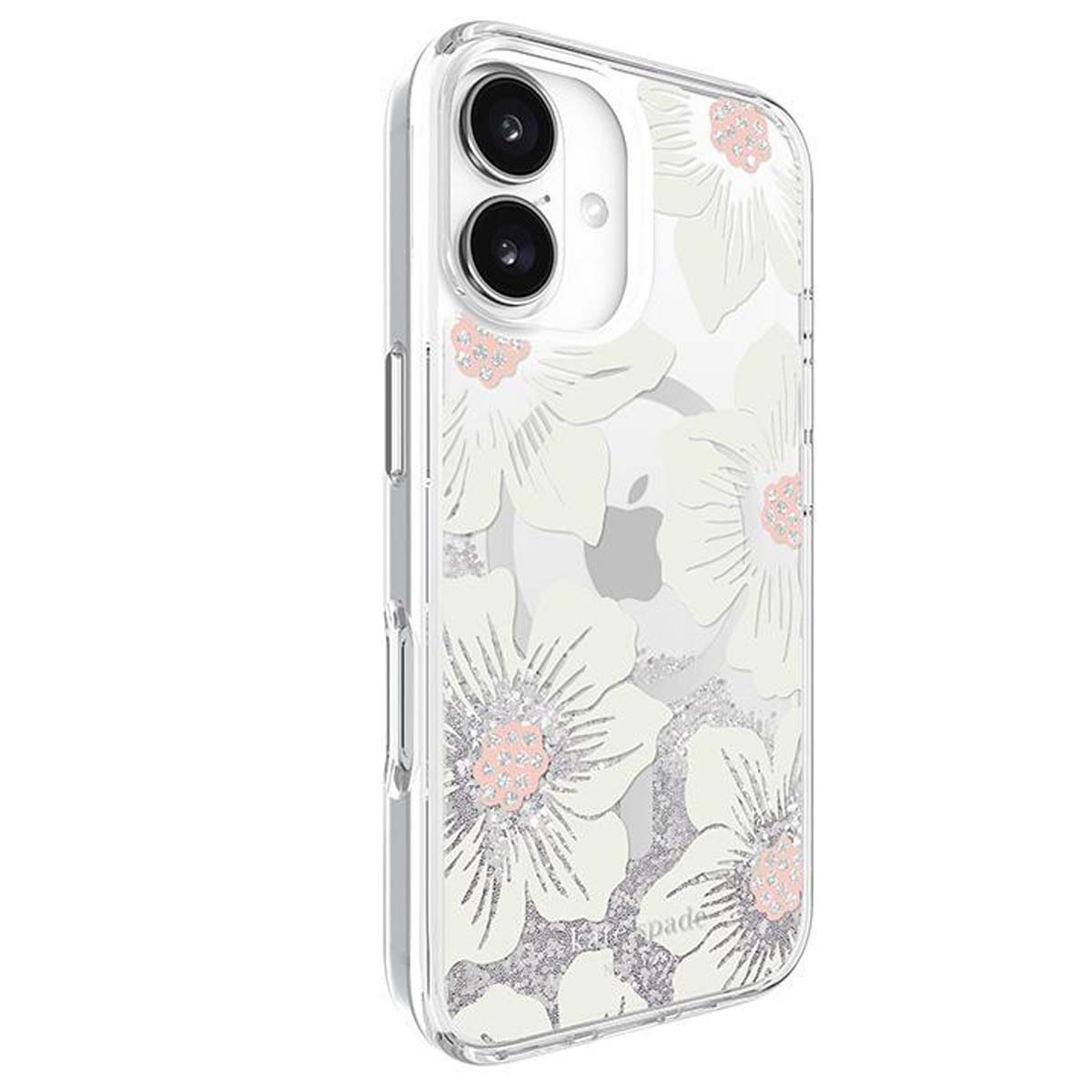 Custodia trasparente per telefono con design floreale bianco e centri rosa. La fotocamera del telefono è visibile sopra.