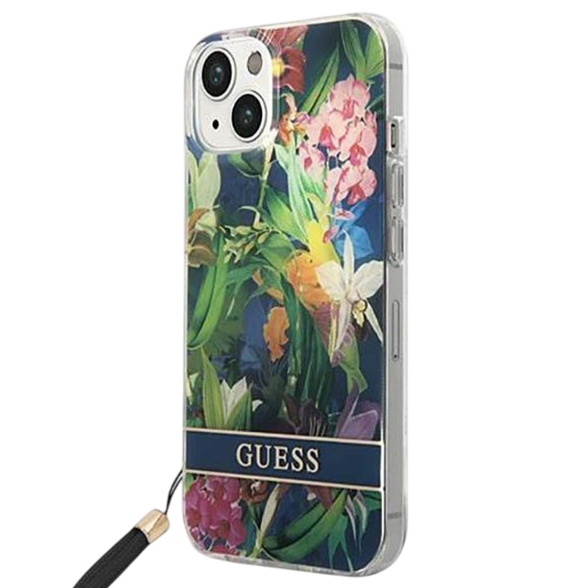 Una custodia per telefono con un design floreale, il logo Guess e un cinturino. Sfondo blu scuro con fiori rosa, bianchi e verdi.