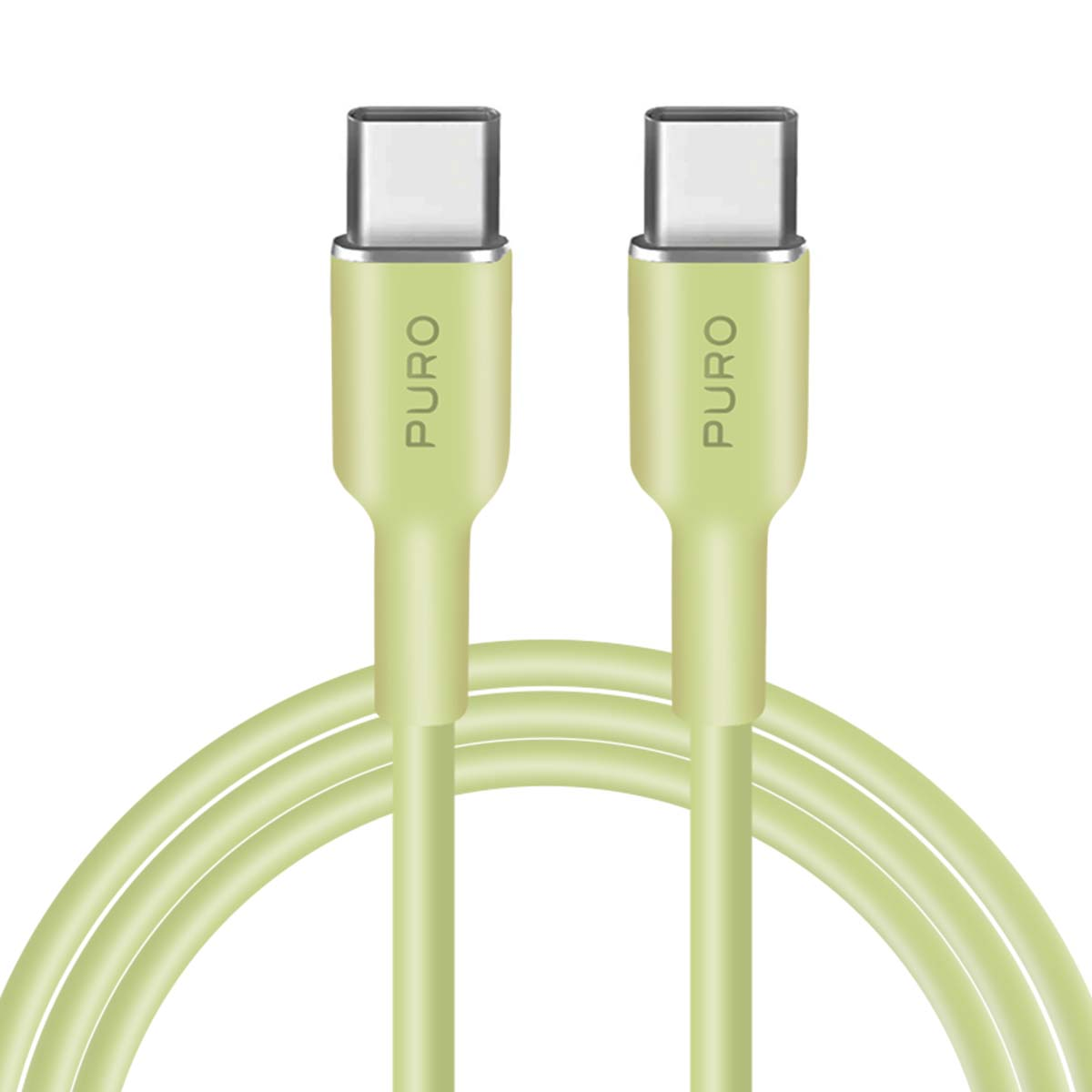 Dwa zielone kable USB-C, z napisem 'PURO', na białym tle.