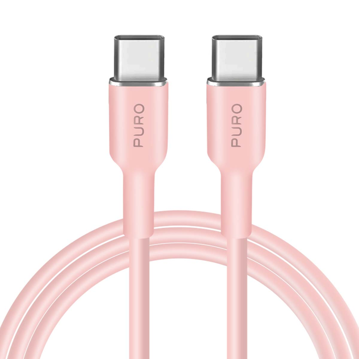 Dwa różowe kable USB-C, z napisem 'PURO', ułożone w kształt ósemki. Złącza są srebrne. Białe tło.