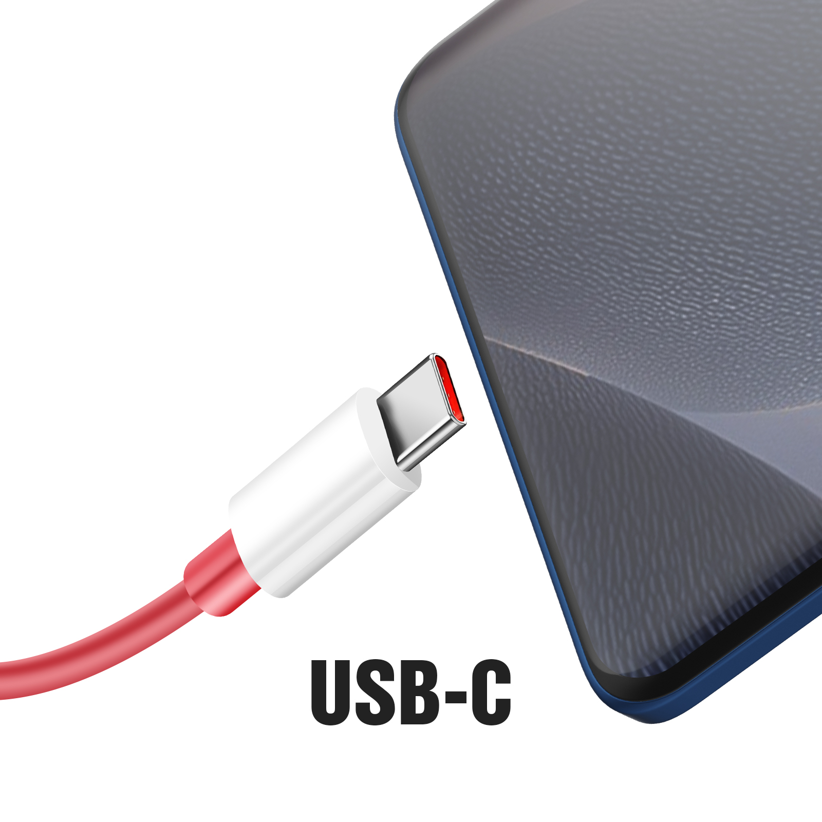 Un cable USB-C está conectado a un teléfono con borde azul. El cable es rojo y blanco, con el texto 'USB-C' debajo.