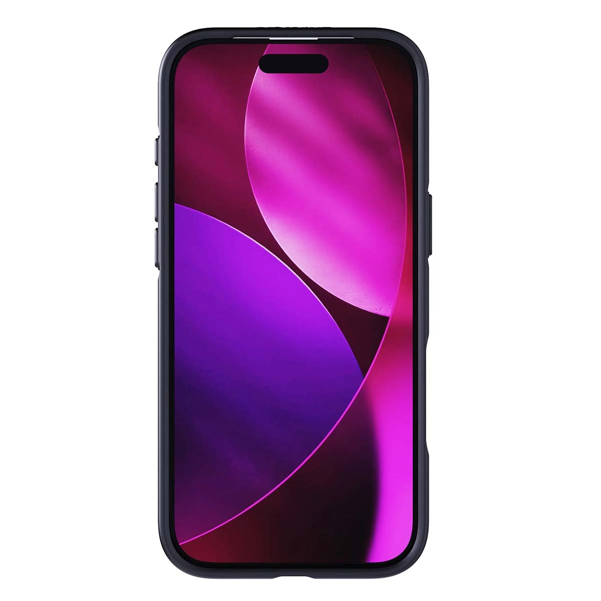Smartphone con cornice nera e sfondo astratto viola e rosa.