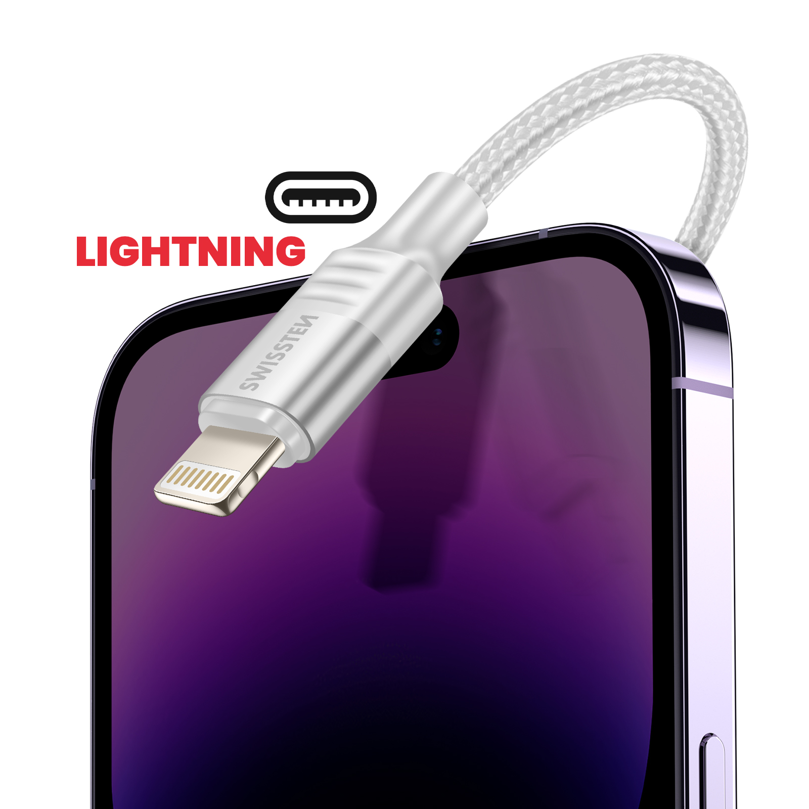 Un câble Lightning blanc branché sur un téléphone. Le mot LIGHTNING est au-dessus du téléphone. Le câble est de Swisssten.