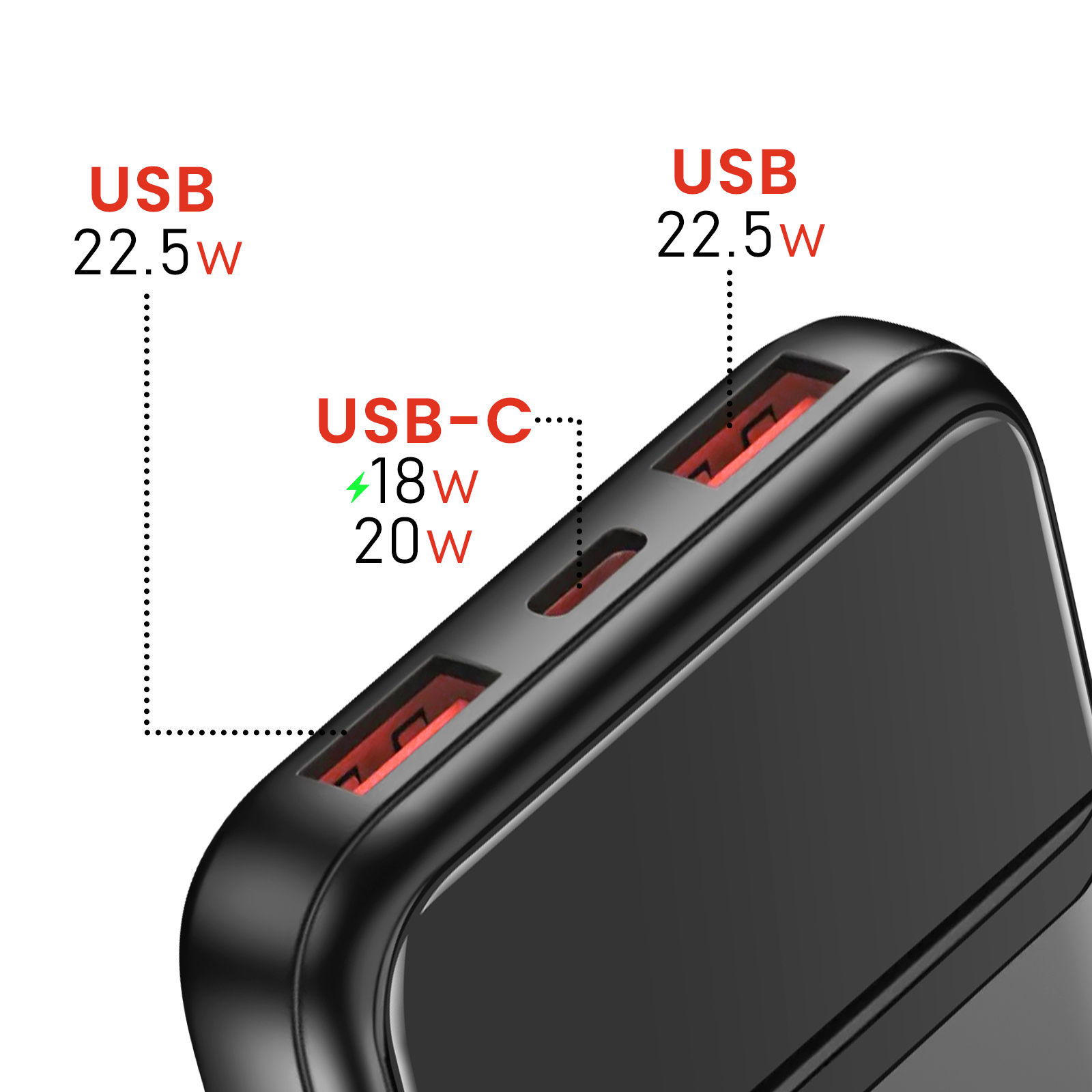 Batterie externe noire avec ports USB et USB-C. Texte indique la puissance: 22.5W et 18W/20W. Accents rouges dans les ports.