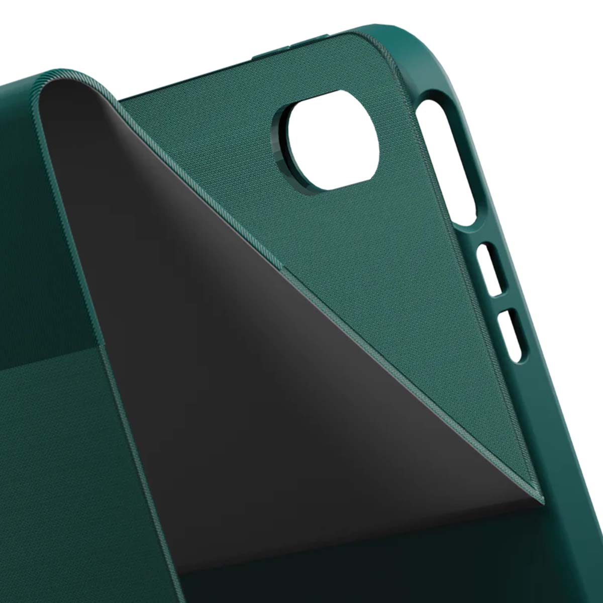 Un primo piano di una custodia verde per telefono con interno nero. La custodia ha una superficie strutturata e ritagli per la fotocamera e i pulsanti.