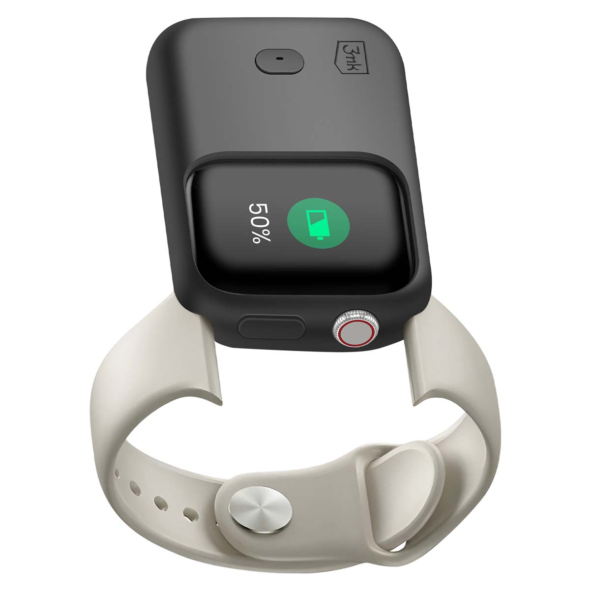 Czarny Apple Watch na białym pasku, pokazujący 50% baterii. Ładowarka na górze. Zegarek ma czerwony przycisk.