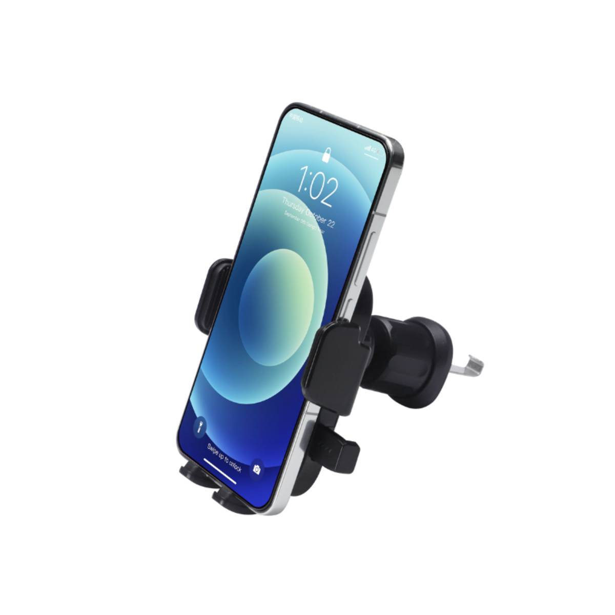 Uno smartphone in un supporto per telefono da auto nero. Il telefono mostra l'ora 1:02 su uno sfondo blu e bianco.