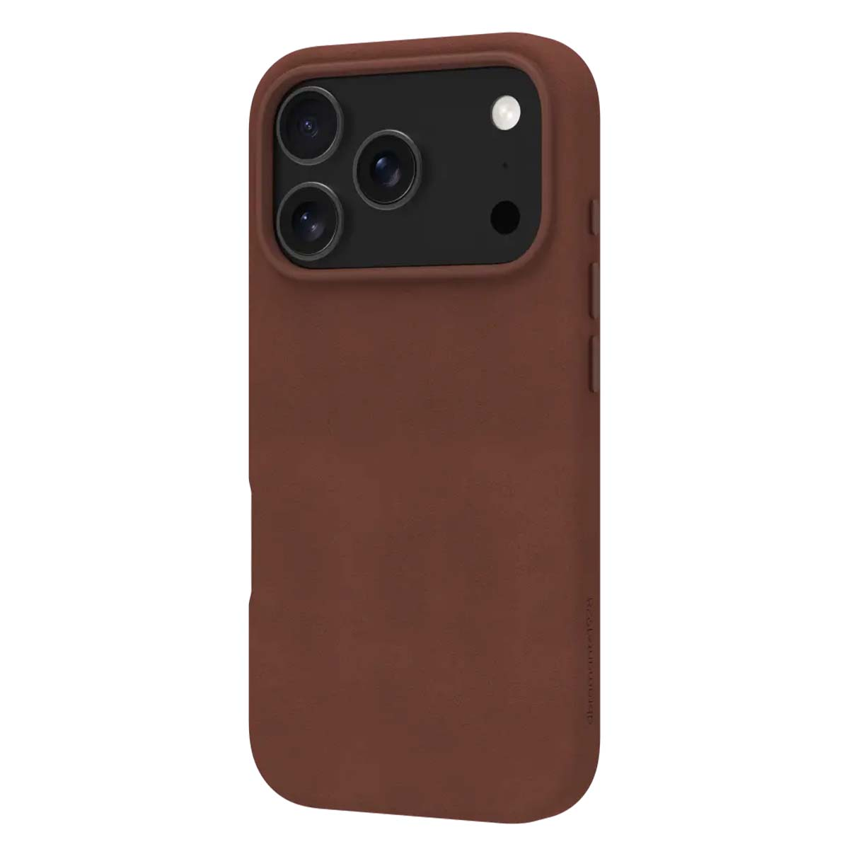 Una custodia per telefono marrone con un modulo fotocamera nero e tre lenti, insieme a una luce bianca e un punto scuro.