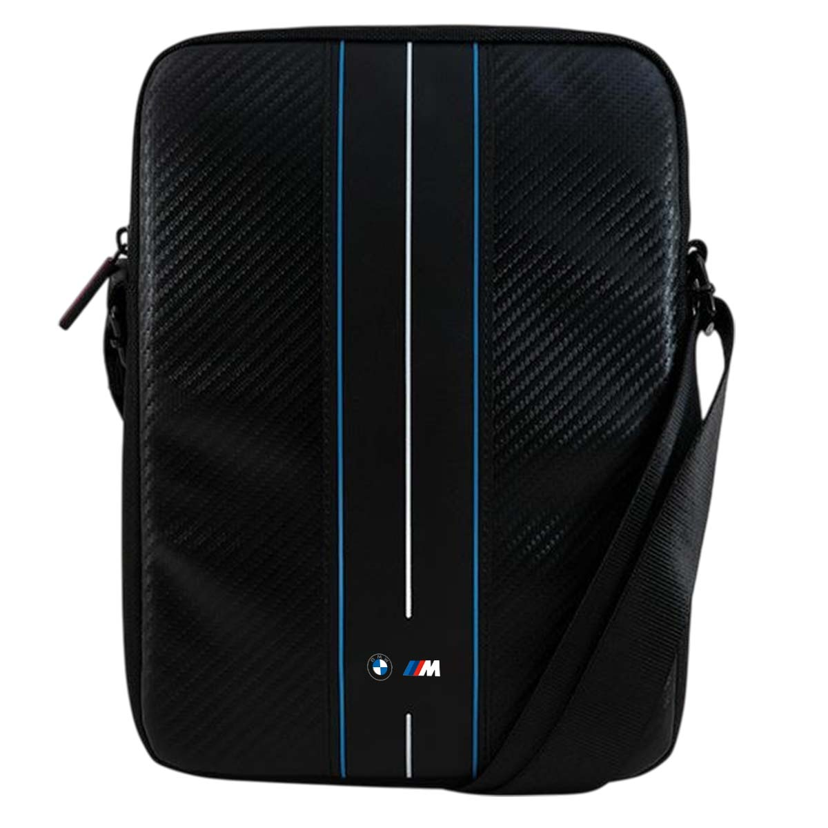 Borsa a tracolla BMW nera con strisce blu e bianche. Logo BMW sul davanti e tracolla.