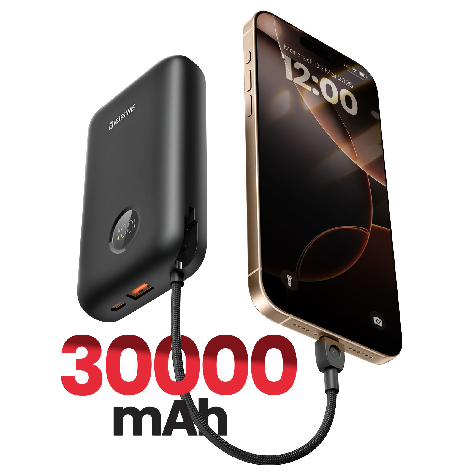 Schwarze Powerbank lädt ein goldenes iPhone. Text lautet 30000 mAh. Telefon zeigt Datum und Uhrzeit.