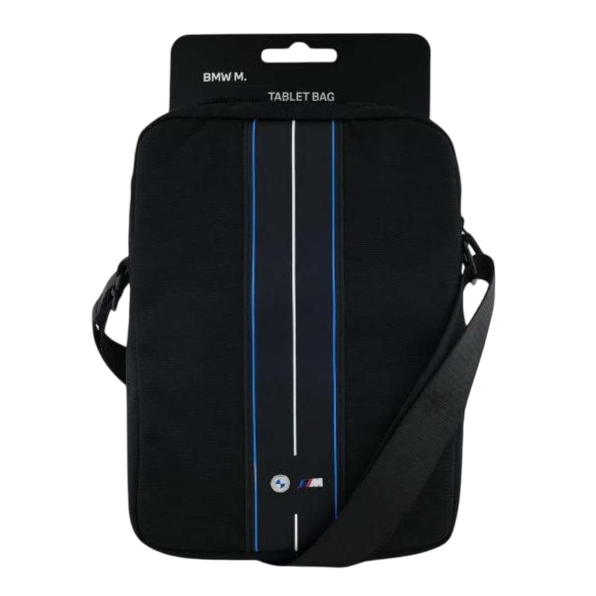 Borsa tablet nera con strisce blu e bianche, logo BMW. Tracolla e manico. Testo "TABLET BAG".