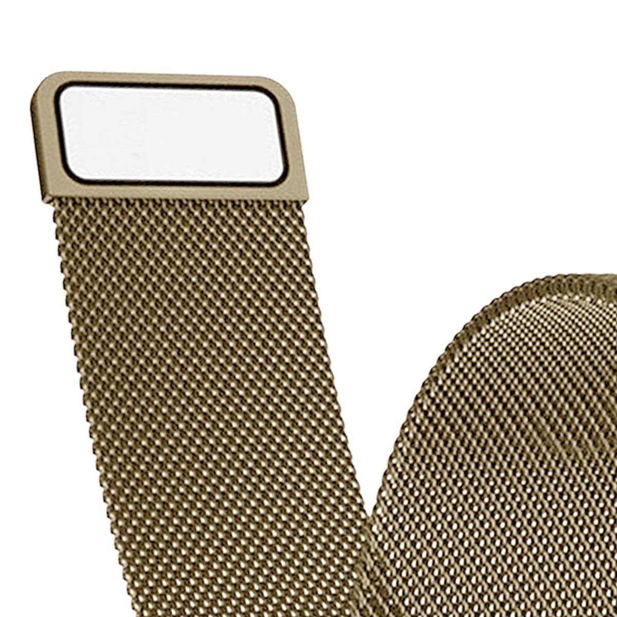Primo piano di un cinturino con design a rete metallica. Il cinturino è color oro con una chiusura rettangolare.
