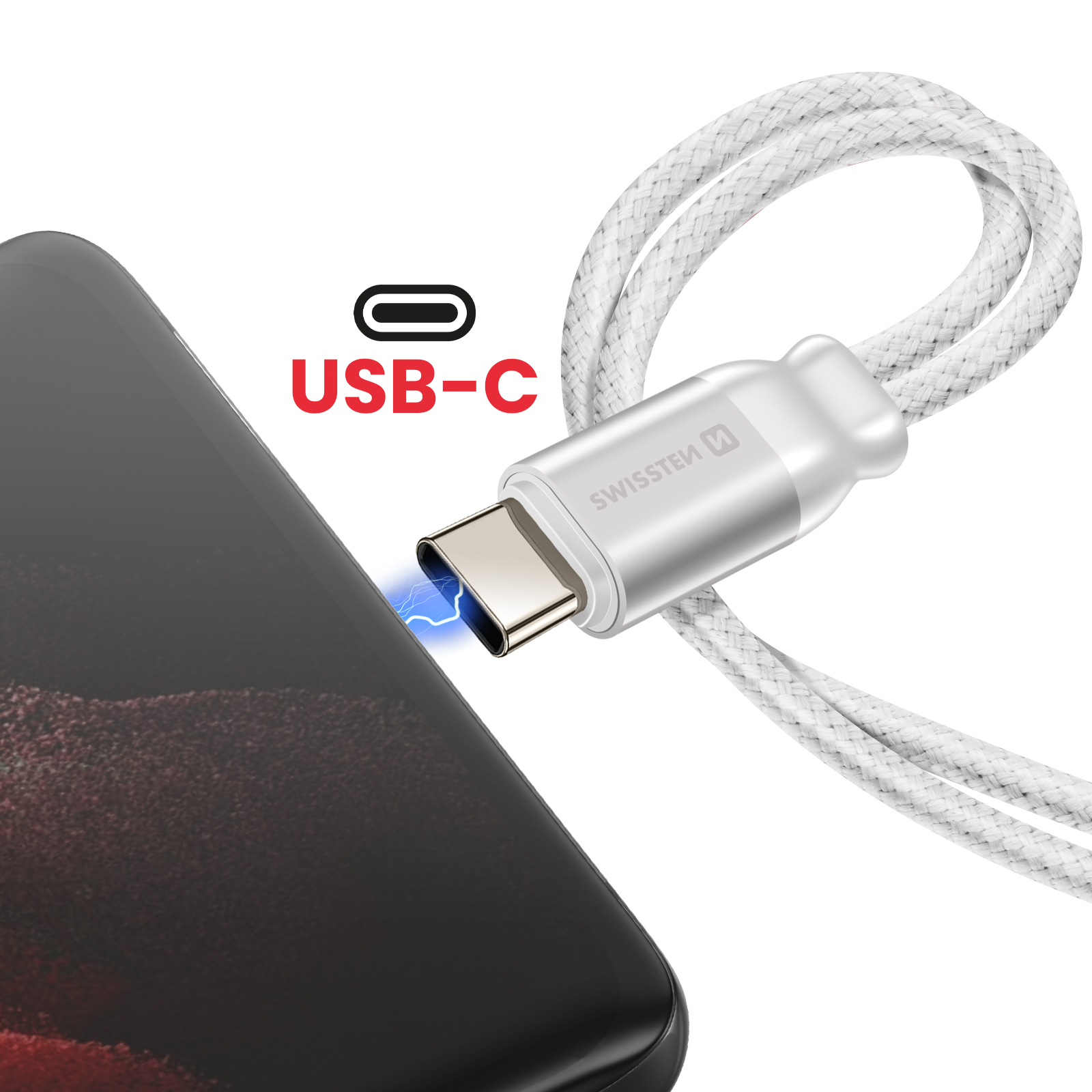Un telefono in carica con un cavo USB-C bianco. Scintille blu escono dalla porta di ricarica.