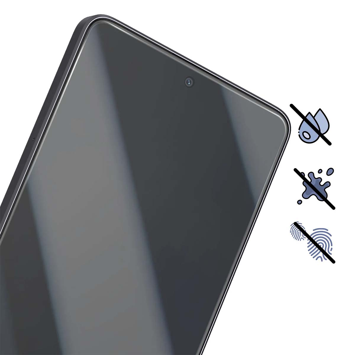 Schermo di smartphone con icone di protezione da acqua, schizzi e impronte digitali. Lo schermo è grigio scuro, con una fotocamera in alto.